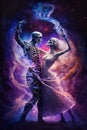 mystical image of a skeletond dancing, an anthropomorphic image of death in a glowing nebula