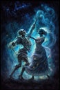 mystical image of a skeletond dancing, an anthropomorphic image of death in a glowing nebula