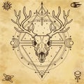 Mystical image of the skull a horned deer, sacred geometry, symbols of the moon.