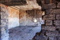 Mystical interior, ruins of an abandoned ruined building of house of culture, theater of USSR. Old destroyed walls, corridor with Royalty Free Stock Photo