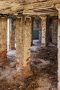 Mystical interior, ruins of an abandoned ruined building of house of culture, theater of USSR. Old destroyed walls, corridor with Royalty Free Stock Photo