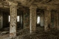 Mystical interior, ruins of an abandoned ruined building of house of culture, theater of USSR. Old destroyed walls, corridor with Royalty Free Stock Photo