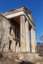 Mystical interior, ruins of an abandoned ruined building of house of culture, theater of USSR. Old destroyed walls, corridor with Royalty Free Stock Photo