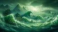 Mystical Jade Ocean With Ancient Chinese Temples. Green And Blue Waves In A Surreal Jade Sea. Generative AI