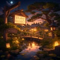 Mystical Japanese Garden at Dusk Royalty Free Stock Photo