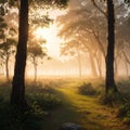 Mystical jungle landscape. Fancy trees in the morning golden mist. The sun is shining in the orange-lit sky.