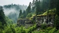 Mystical Karst Landscape: Foggy Forest And Rock Formations