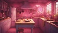 A mystical kitchen with neon lights casting enchanting runes on the