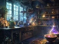 A Mystical Kitchen with Potions and Steaming Cauldrons Royalty Free Stock Photo
