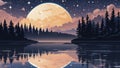 Mystical Lake Reflection: Enter a world of magic and mystery with this illustration featuring a tranquil lake reflecting