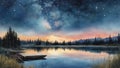 Mystical Lake Reflection: Enter a world of magic and mystery with this illustration featuring a tranquil lake reflecting