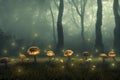 Mystical landscape in autumn morning fog with glowing mushrooms and fireflies. Scenery in fall with first colored trees