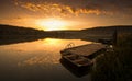 Mystical Landscape, Boat on the Pier at sunrise