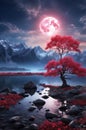 Mystical landscape with a glowing red tree and luminous moon. Royalty Free Stock Photo