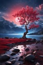 Mystical landscape with a glowing red tree and luminous moon. Royalty Free Stock Photo