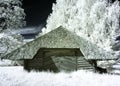 Mystical Landscape With Houses And Trees, Infrared Photography. Our Beautiful World In The Spectrum Of Infrared Camera