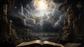 Mystical Landscape with an open book. 3D rendering.