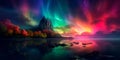 mystical landscape with a rainbow-colored aurora borealis lighting up the sky Generative AI