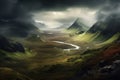 Mystical landscape of the Scottish Highlands, with rolling hills, mist-covered mountains, and a sense of ancient magic and mystery Royalty Free Stock Photo