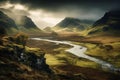 Mystical landscape of the Scottish Highlands, with rolling hills, mist-covered mountains, and a sense of ancient magic and mystery Royalty Free Stock Photo