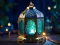 A mystical lantern crafted from shimmering sapphire and emerald gems Ramadan theme Generative Ai Royalty Free Stock Photo