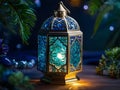 A mystical lantern crafted from shimmering sapphire and emerald gems Ramadan theme Generative Ai Royalty Free Stock Photo