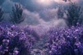 Mystical lavender field at dusk with a dreamlike atmosphere, illuminated by soft sunlight filtering through ethereal clouds