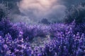 Mystical lavender field at dusk with a dreamlike atmosphere, illuminated by soft sunlight filtering through ethereal clouds