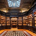 Mystical Library: A library with dark wood bookshelves, hidden compartments, and mystical artifacts, giving an aura of ancient k