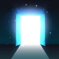 Mystical light from the open door of dark room, abstract glowing exit, background, open double door template, mock up Royalty Free Stock Photo