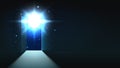 Mystical light from the open door of a dark room open space cosmos, background, discovery, abstract glowing exit, mock up Royalty Free Stock Photo