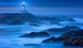 Mystical lighthouse beacon in foggy night, guiding sailors through desolate shoreline