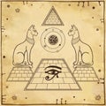 Mystical linear drawing: Sacred cats goddess Bastet guard the pyramid.