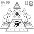 Mystical linear drawing: Sacred cats goddess Bastet guard the pyramid.