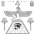 Mystical linear drawing: winged goddess Isis at top of the Egyptian pyramid. Royalty Free Stock Photo