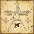 Mystical linear drawing: winged goddess Isis at top of the Egyptian pyramid.