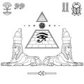 Mystical linear drawing: women sphinxes guard the Egyptian pyramid. All-Seeing Eye of the god Horus.