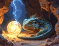 Mystical Lizard Guardian of the Glowing Orb in a Cave Royalty Free Stock Photo