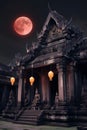 A mystical lunar eclipse over an ancient temple, with glowing lanterns Royalty Free Stock Photo