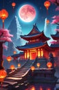 A mystical lunar eclipse over an ancient temple, with glowing lanterns Royalty Free Stock Photo
