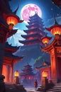 A mystical lunar eclipse over an ancient temple, with glowing lanterns Royalty Free Stock Photo