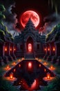 A mystical lunar eclipse over an ancient temple, with glowing lanterns Royalty Free Stock Photo