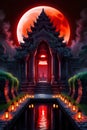 A mystical lunar eclipse over an ancient temple, with glowing lanterns Royalty Free Stock Photo