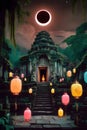 A mystical lunar eclipse over an ancient temple, with glowing lanterns Royalty Free Stock Photo