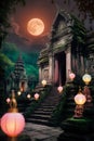 A mystical lunar eclipse over an ancient temple, with glowing lanterns Royalty Free Stock Photo