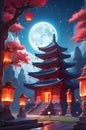 A mystical lunar eclipse over an ancient temple, with glowing lanterns Royalty Free Stock Photo