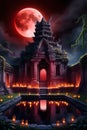 A mystical lunar eclipse over an ancient temple, with glowing lanterns Royalty Free Stock Photo