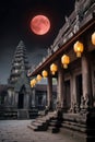 A mystical lunar eclipse over an ancient temple, with glowing lanterns Royalty Free Stock Photo