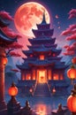 A mystical lunar eclipse over an ancient temple, with glowing lanterns Royalty Free Stock Photo