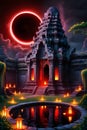 A mystical lunar eclipse over an ancient temple, with glowing lanterns Royalty Free Stock Photo